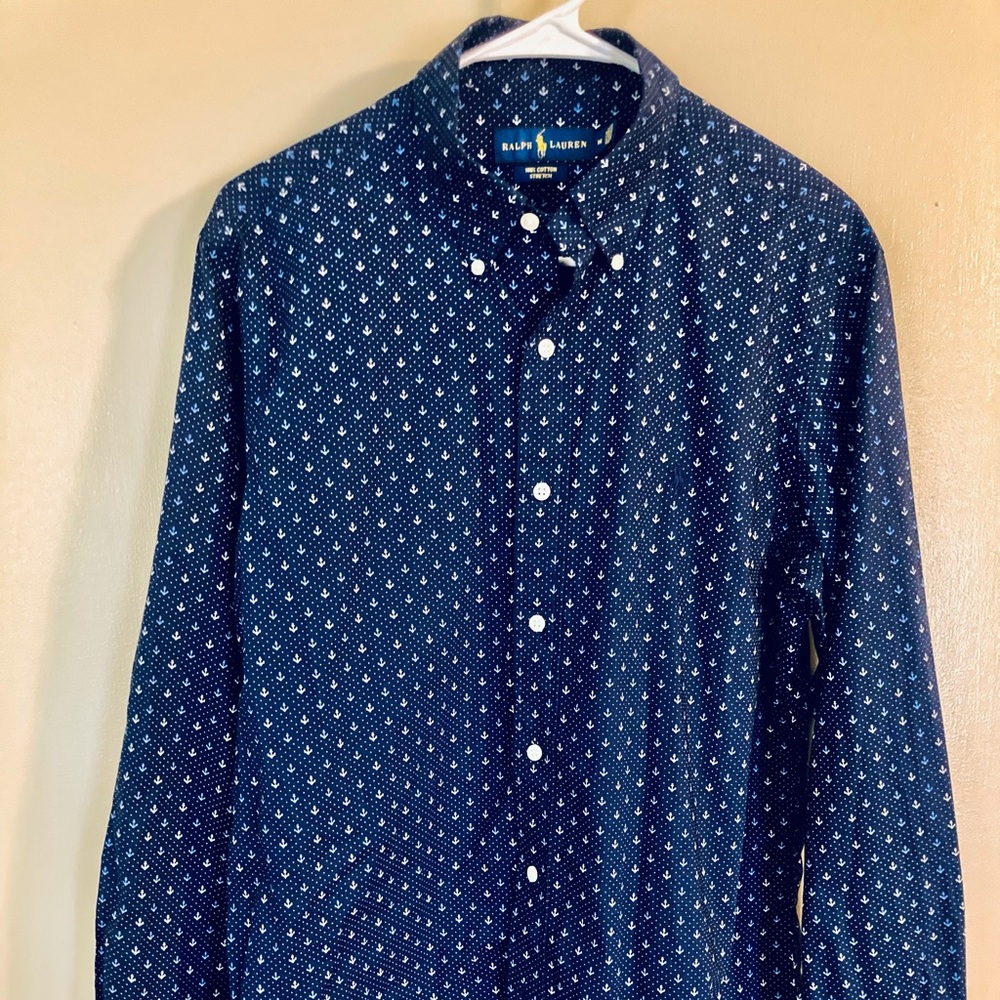 Navy blue nautical print stretch cotton long sleeve men’s dressy casual shirt.